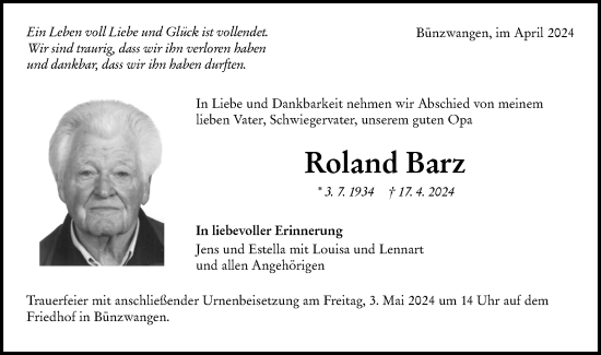 Traueranzeige von Roland Barz von NWZ Neue Württembergische Zeitung