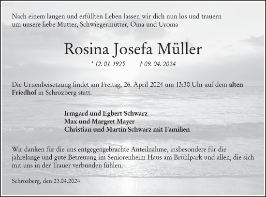 Traueranzeige von Rosina Josefa Müller von Hohenloher Tagblatt
