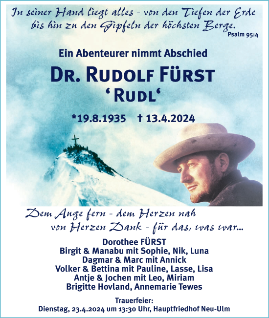Traueranzeige von Rudolf Fürst von SÜDWEST PRESSE Ausgabe Ulm/Neu-Ulm/Neu-Ulmer Zeitung