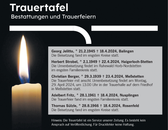 Traueranzeige von Totentafel vom 27.04.2024 von SÜDWEST PRESSE Zollernalbkreis/Hohenzollerische Zeitung