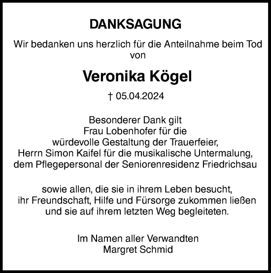 Traueranzeige von Veronika Kögel von SÜDWEST PRESSE Ausgabe Ulm/Neu-Ulm