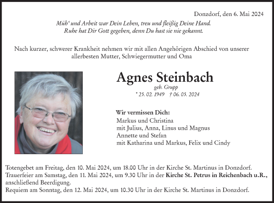 Traueranzeige von Agnes Steinbach von NWZ Neue Württembergische Zeitung