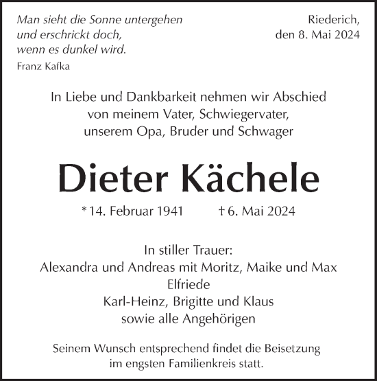Traueranzeige von Dieter Kächele von Alb-Bote/Metzinger-Uracher Volksblatt