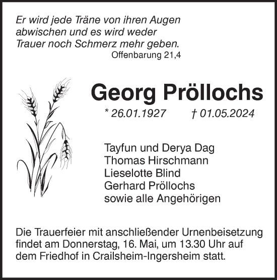 Traueranzeige von Georg Pröllochs von Hohenloher Tagblatt