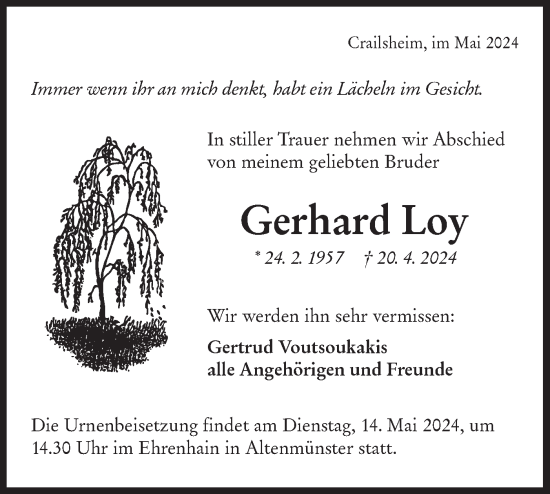 Traueranzeige von Gerhard Loy von Hohenloher Tagblatt