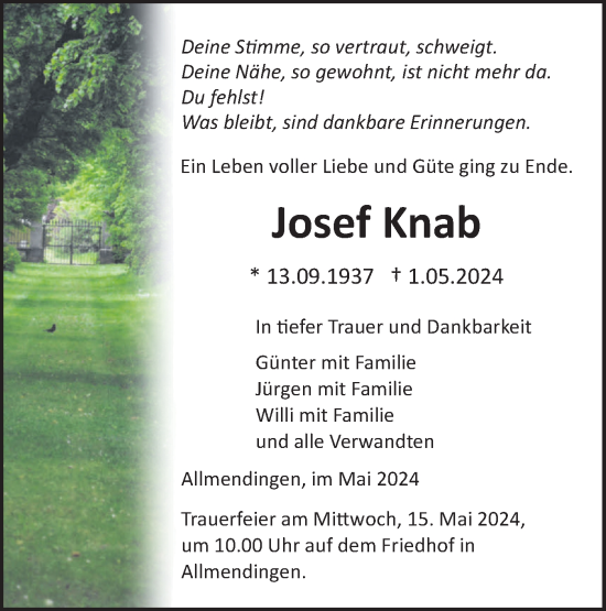 Traueranzeige von Josef Knab von Ehinger Tagblatt