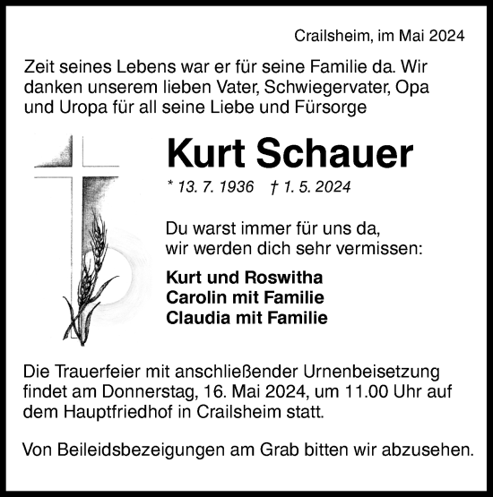 Traueranzeige von Kurt Schauer von Hohenloher Tagblatt