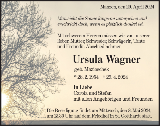 Traueranzeige von Ursula Wagner von NWZ Neue Württembergische Zeitung