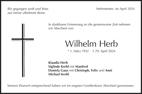 Traueranzeige von Wilhelm Herb von Alb-Bote/Metzinger-Uracher Volksblatt
